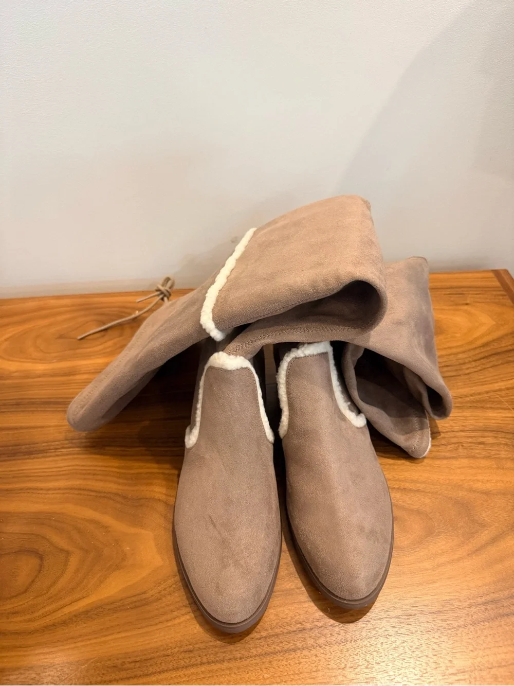 Charles David Taupe Over-the-Knee Faux-Suede Boots with Shearling Trim